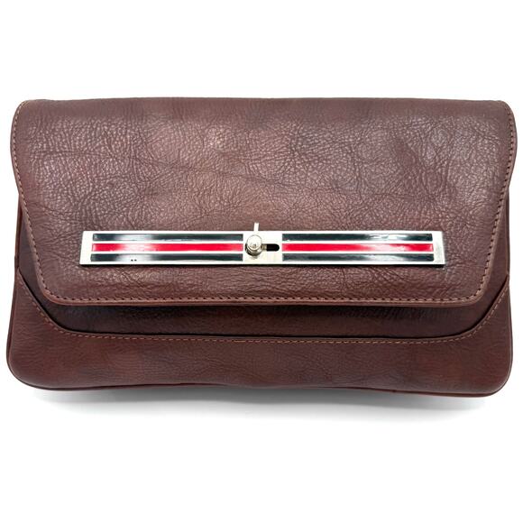 Vintage 60s Taurus Brown Leather Clutch Bag w/ Red Enamel Clasp Mod Purse - Picture 1 of 16